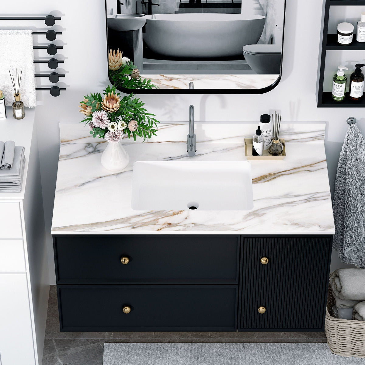 Elegant vanity top with undermount sink, white marble countertop, black base HouseOfZazla on Tampa Home & Garden Store