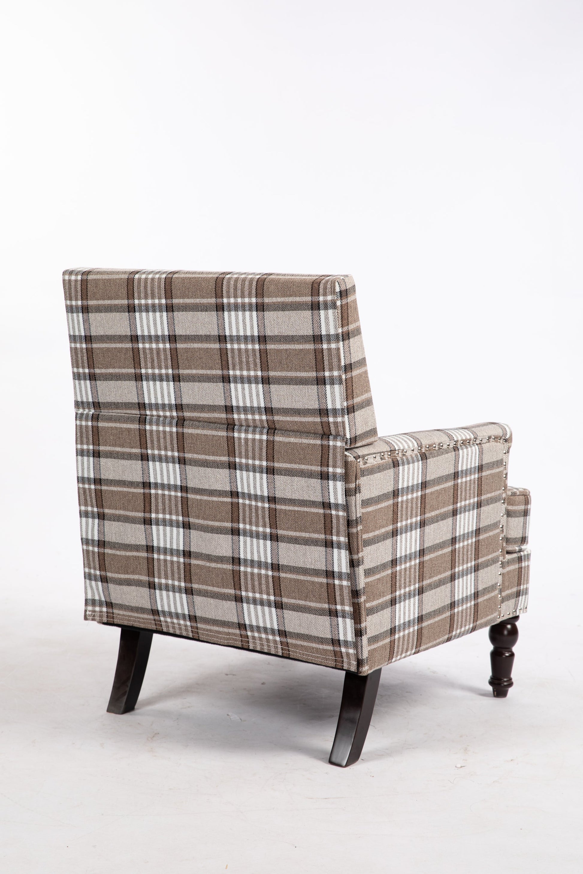 Upholstered Accent Chair by HouseOfZazla in brown linen plaid fabric with nailhead trim on Tampa Home & Garden Store