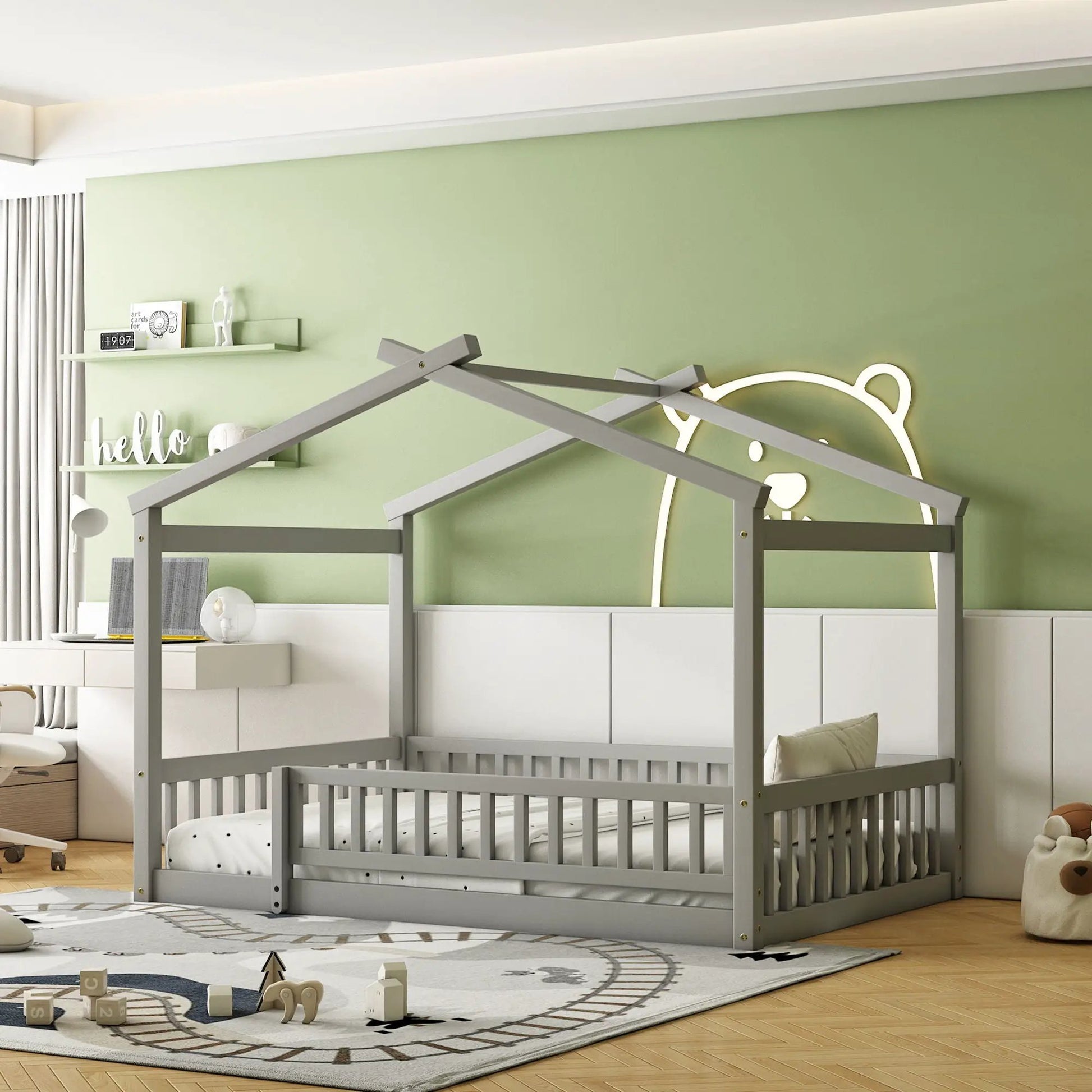 Bed House Bed Frame With Fence gray canopy bed frame with fence panels in a mint-green nursery on Tampa Home & Garden Store