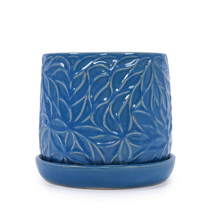 Navy blue ceramic flowerpot with embossed leaf motif and matching saucer, set of 2 on Tampa Home & Garden Store