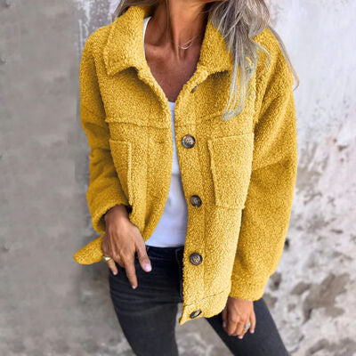 Comfortable Modern Women Fuzzy Button-Up Jacket with drop shoulder pockets in yellow on Tampa Home & Garden Store