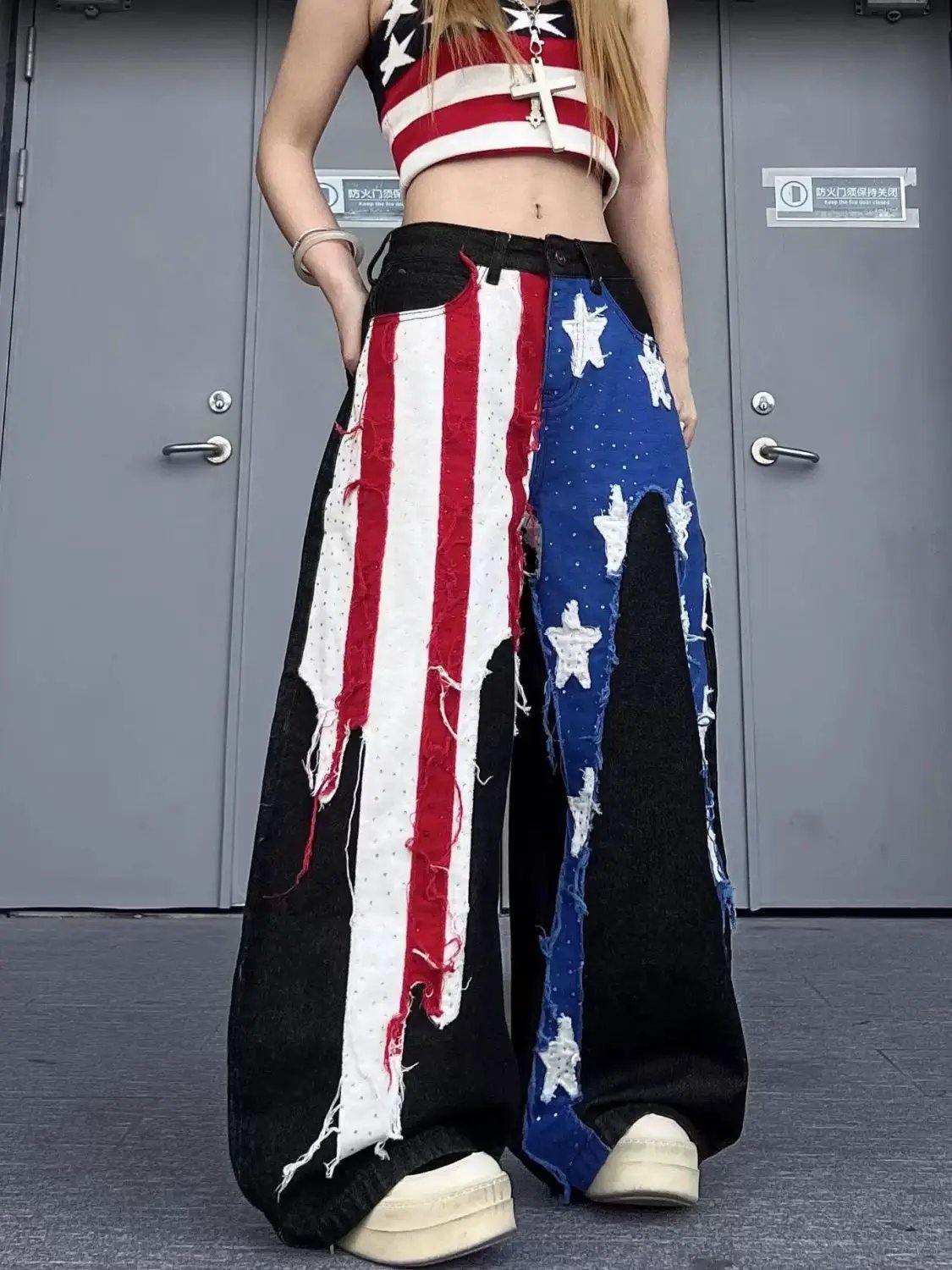Womens American-style Patch Jeans with red-white stripes and blue star denim by FLIPSTYLEZLLC on Tampa Home & Garden Store