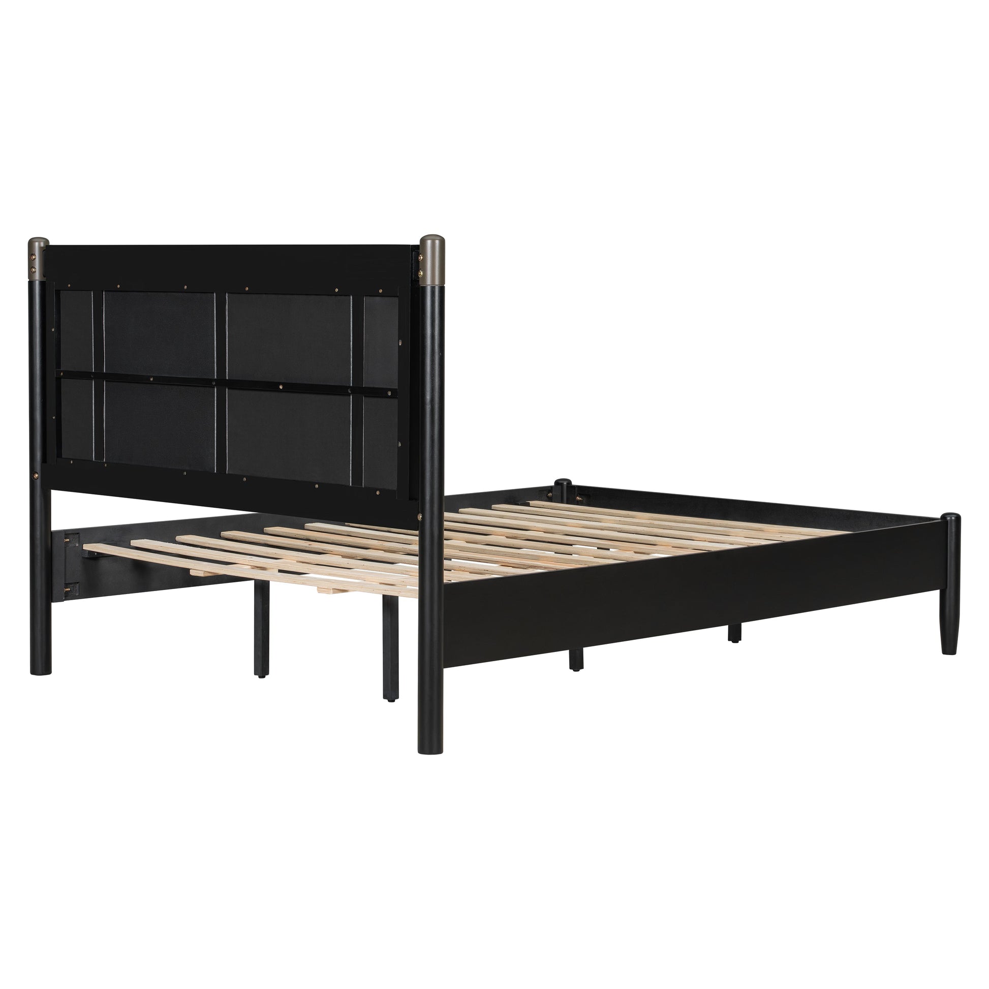 Black metal queen bed frame with panel headboard and wooden slat foundation on Tampa Home & Garden Store