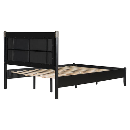 Black metal queen bed frame with panel headboard and wooden slat foundation on Tampa Home & Garden Store