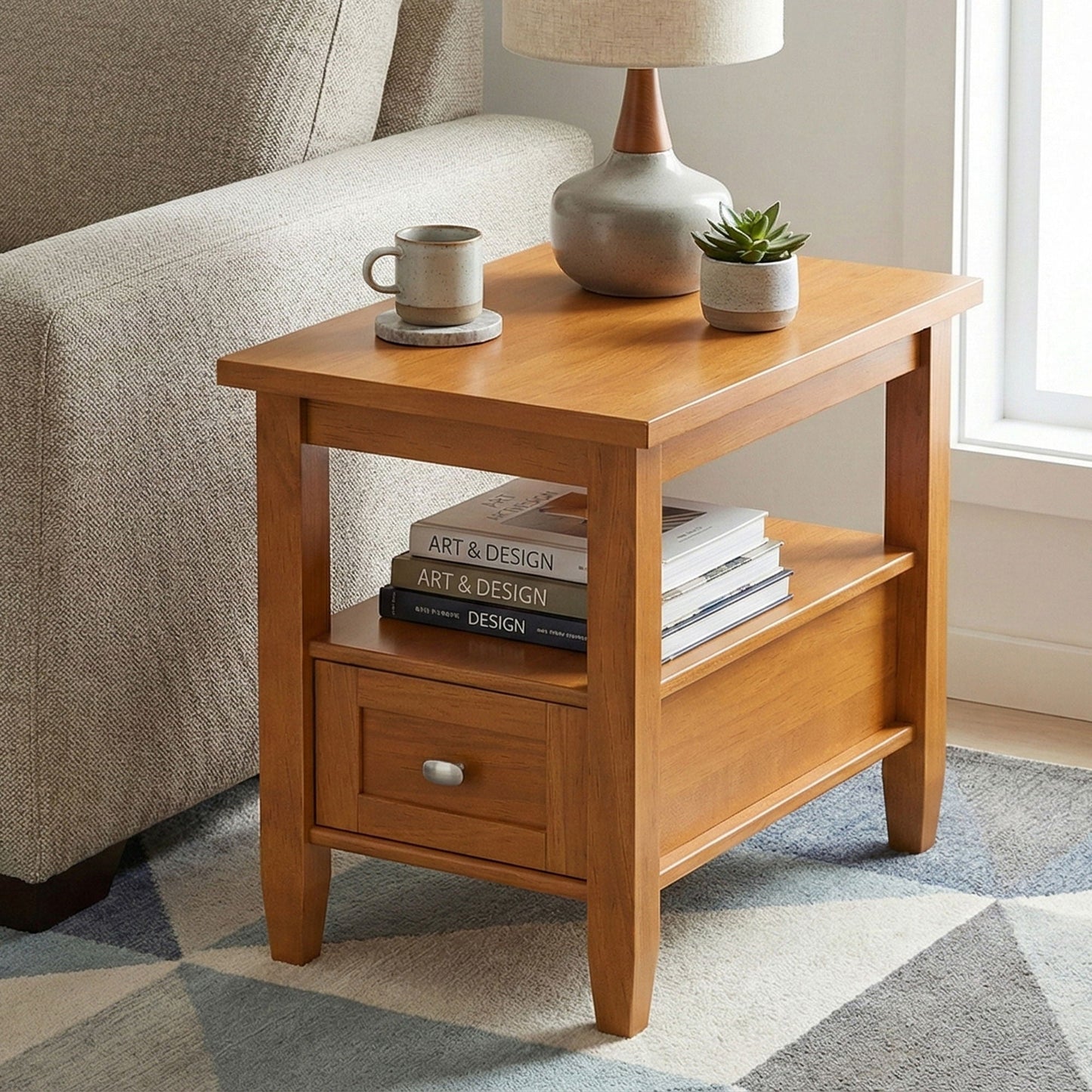 Warm Shaker handcrafted coffee table in warm oak finish with lamp and succulent on Tampa Home & Garden Store