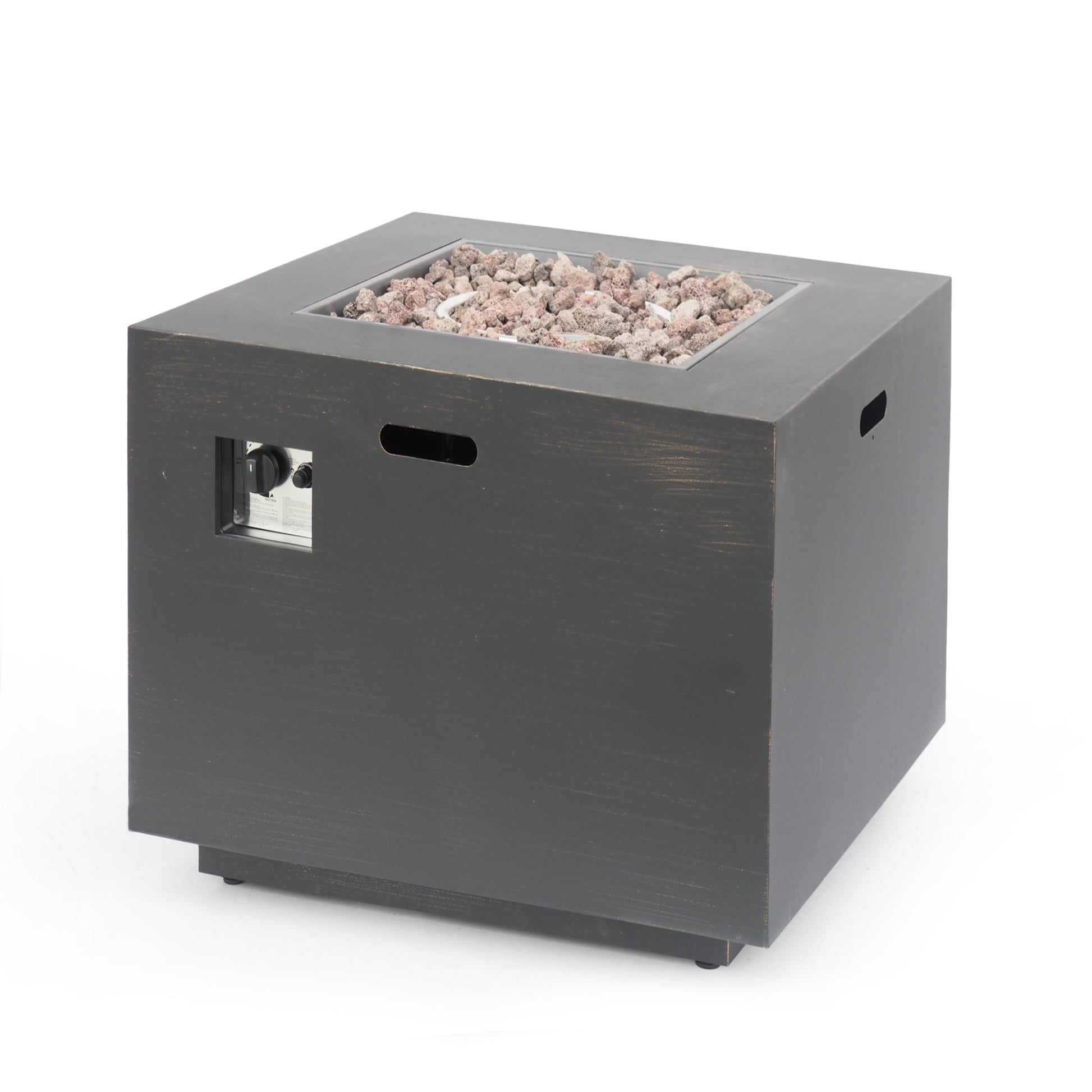 33in outdoor iron square propane fire pit brushed brown with lava rock fill on Tampa Home & Garden Store