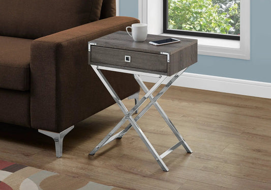 Accent side table with storage drawer in dark wood finish and chrome X-frame legs on Tampa Home & Garden Store