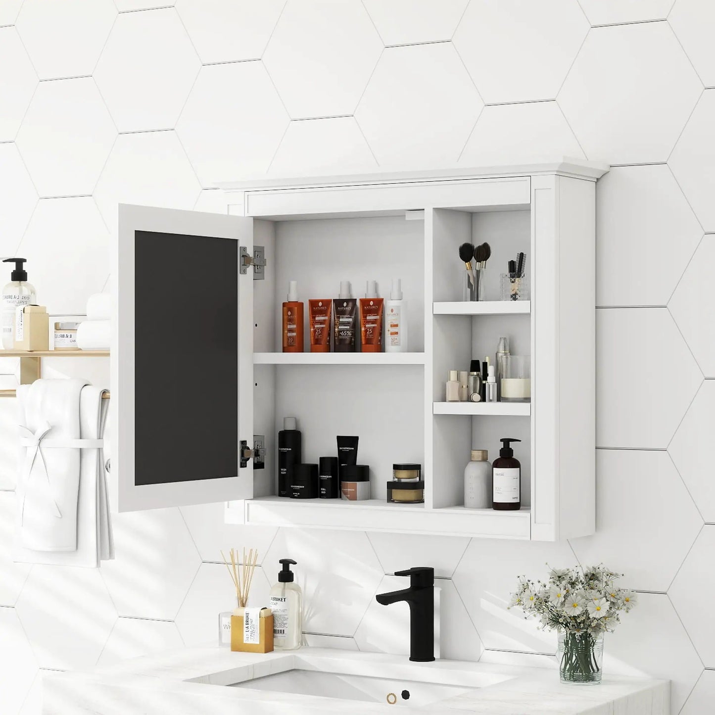 Wall Mounted Cabinet With Mirror and Open Shelves