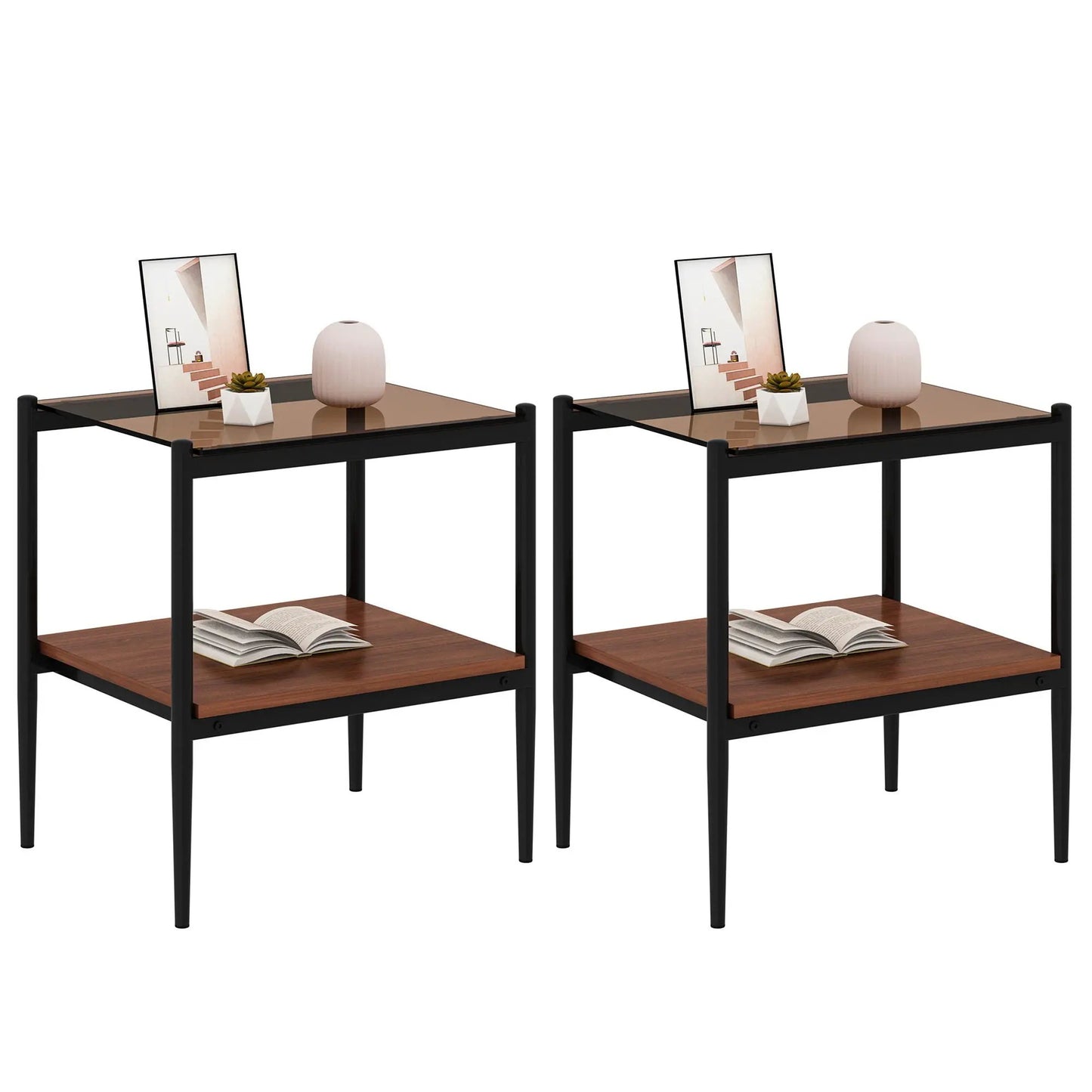 Modern End Table Set of 2 With Tempered Glass