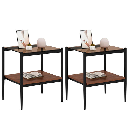 Modern Rectangle End Table set of 2 with tempered glass top brown wood shelf black metal frame on Tampa Home & Garden Store