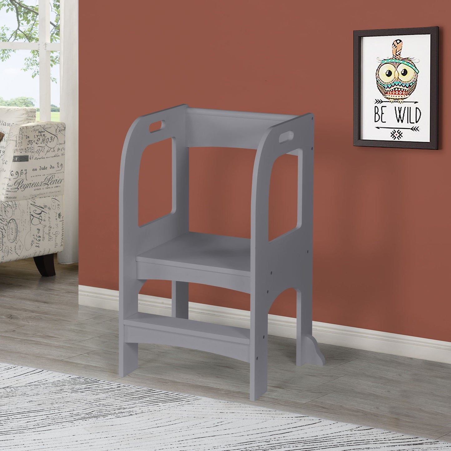 Child standing tower toddler step stool in gray with arched side handles for kitchen counter on Tampa Home & Garden Store