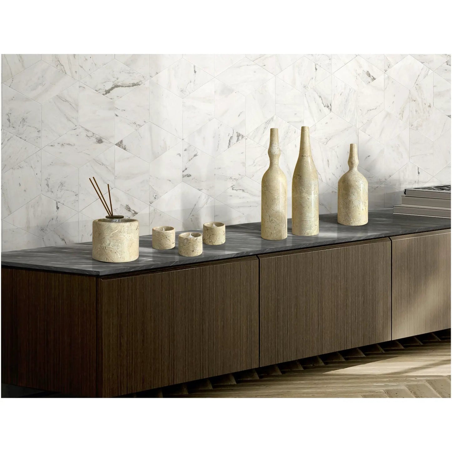 7-Piece Luxury Natural Marble Living Room Accessories Set by Unique Piece Furniture with tall and short marble vases and candle holders on dark wood counter on Tampa Home & Garden Store