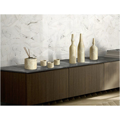 7-Piece Luxury Natural Marble Living Room Accessories Set by Unique Piece Furniture with tall and short marble vases and candle holders on dark wood counter on Tampa Home & Garden Store