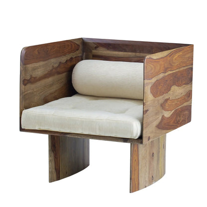 Wooden arm chair in brown with beige cushion, natural wood grain on Tampa Home & Garden Store