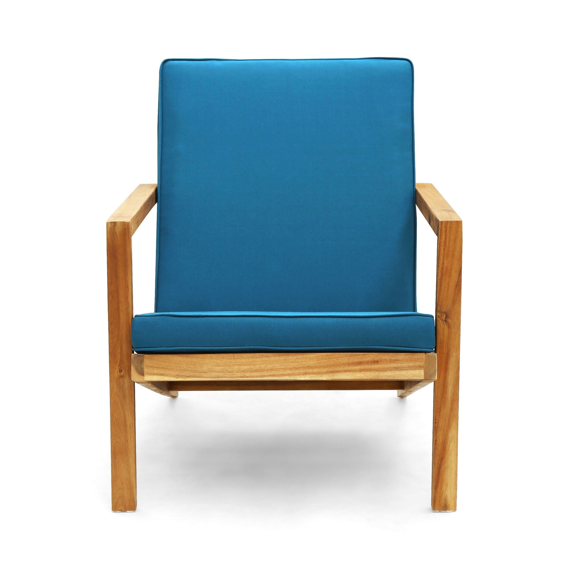 Celestaria blue cushioned outdoor chair with wooden arms Adirondack style part of a 3-piece chat set on Tampa Home & Garden Store