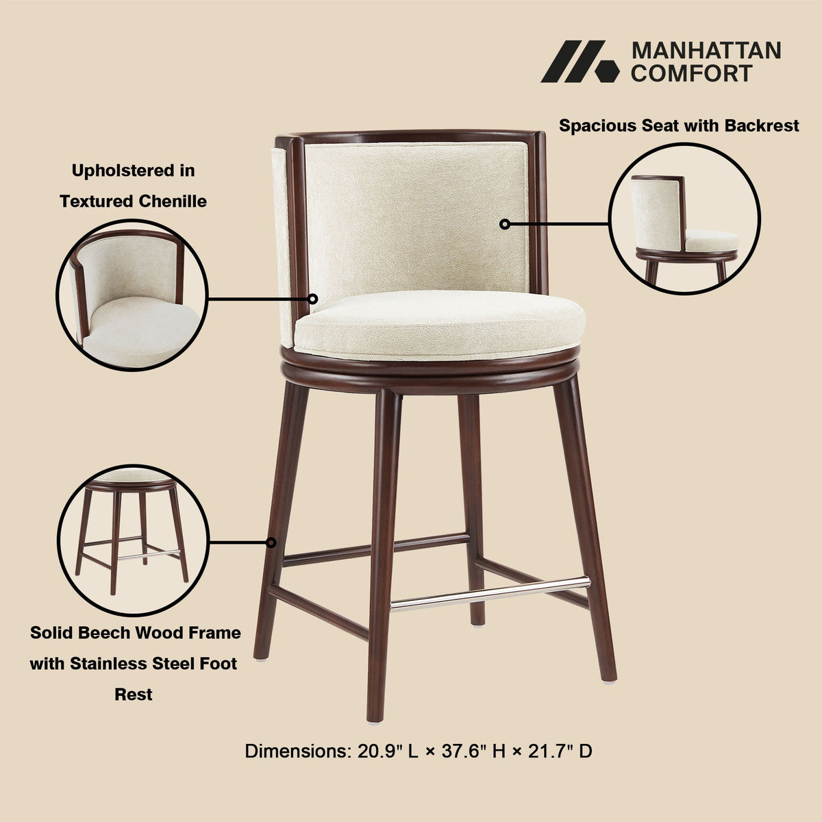 Evalyn counter stool by HouseOfZazla with beige chenille upholstery and beech wood frame on Tampa Home & Garden Store