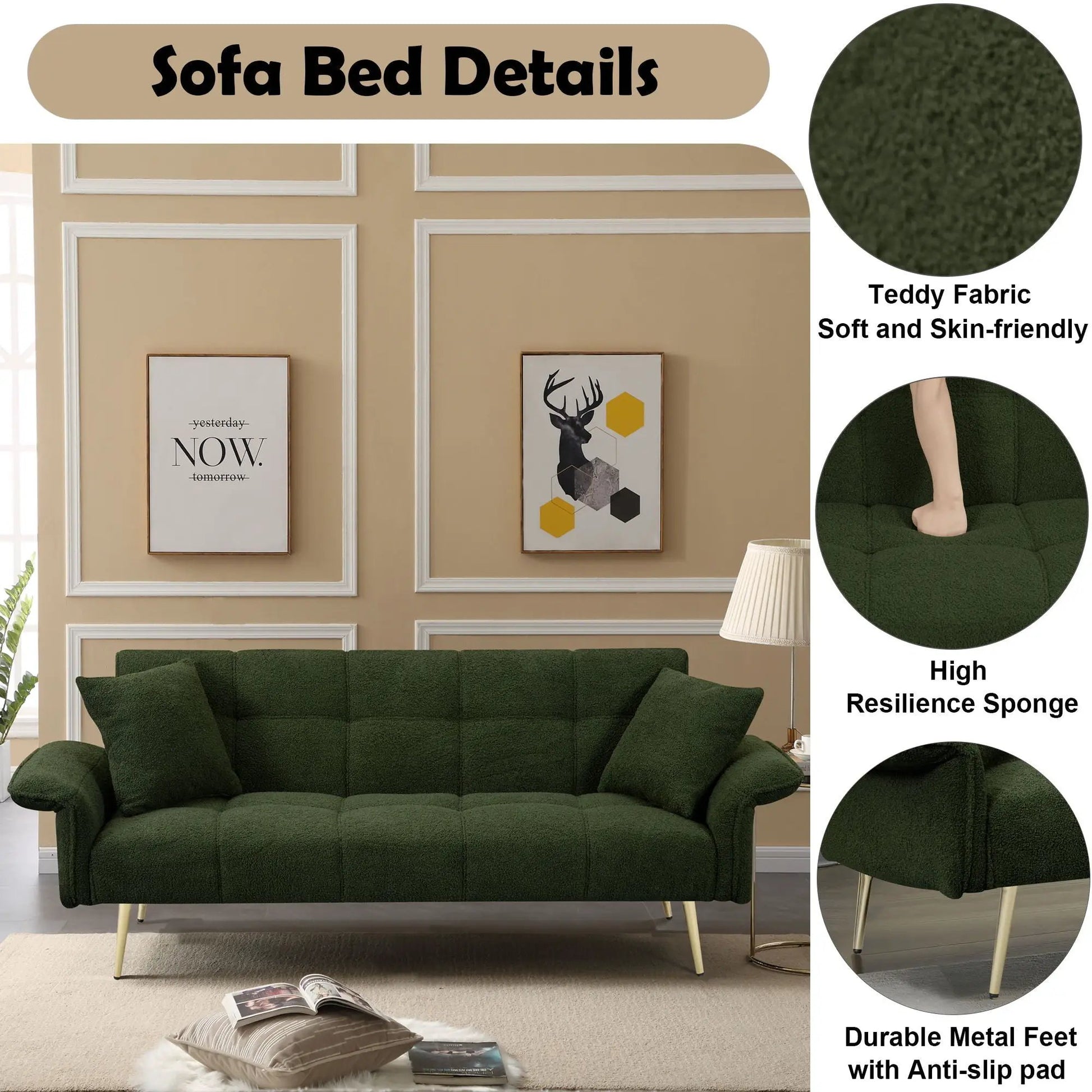 Convertible Double Futon Sofa Bed with folding armrests in green velvet on Tampa Home & Garden Store