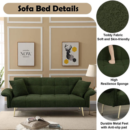 Convertible Double Futon Sofa Bed with folding armrests in green velvet on Tampa Home & Garden Store