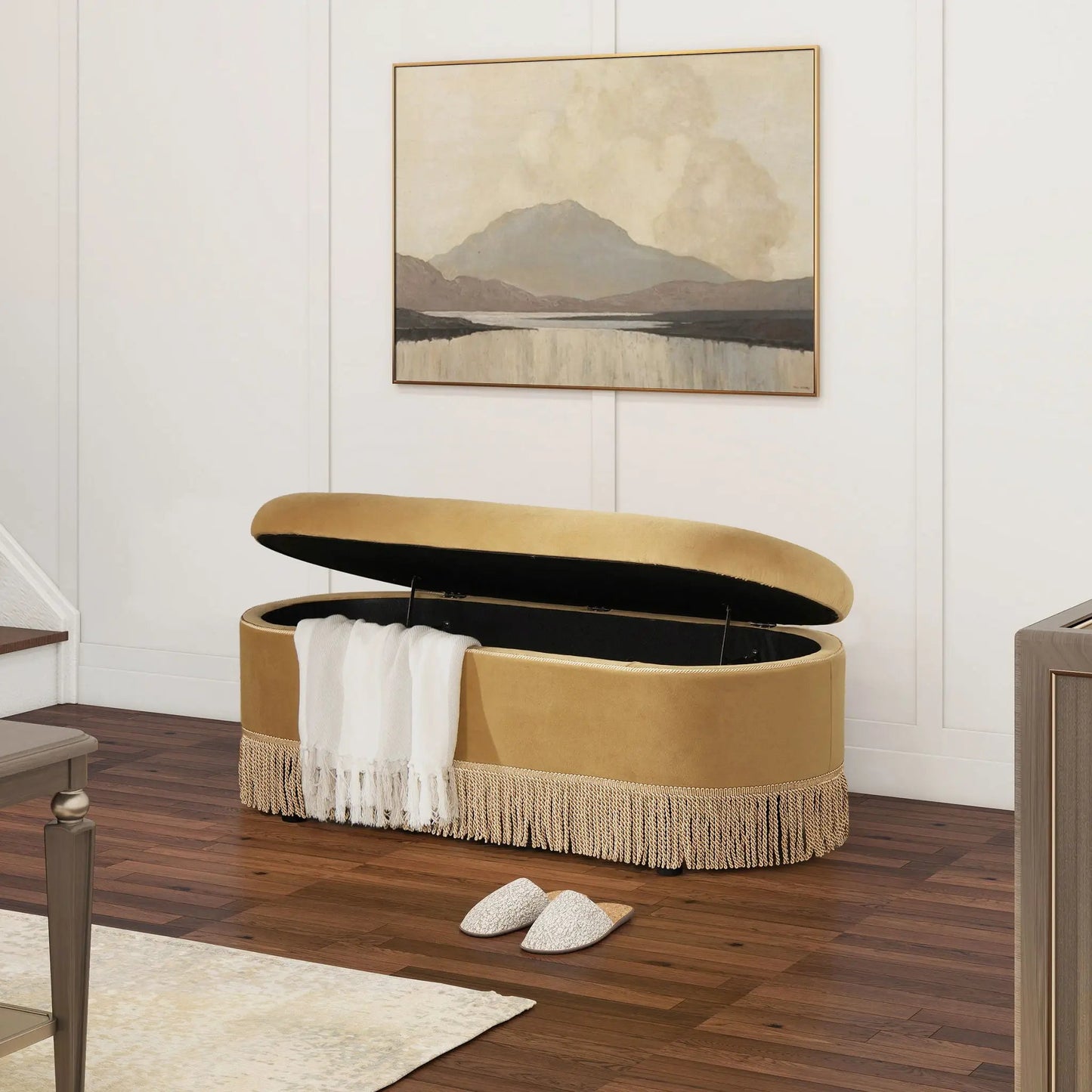 Melinda Oval Tufted Bullion Fringe Storage Bench
