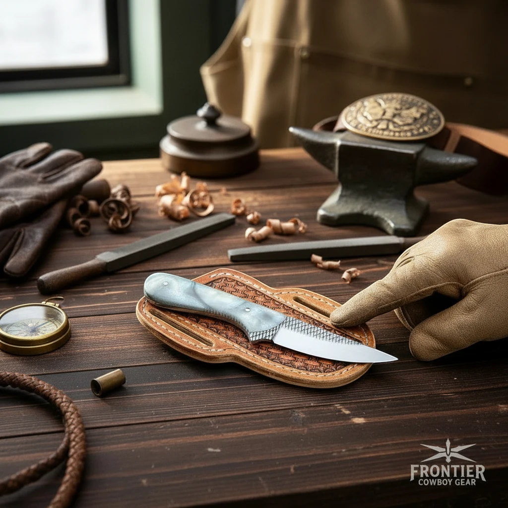 The Silver Spur Frontier Cowboy Gear rasp steel knife with pearl resin handle and leather sheath on Tampa Home & Garden Store