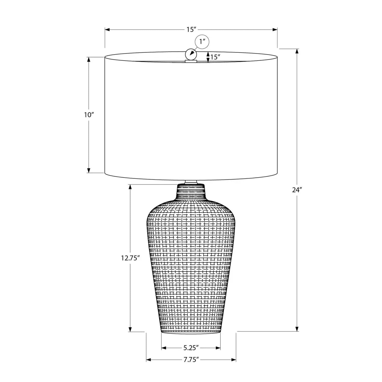 Table lamp with black drum shade atop a textured grid-pattern vase base by Unique Piece Furniture on Tampa Home & Garden Store