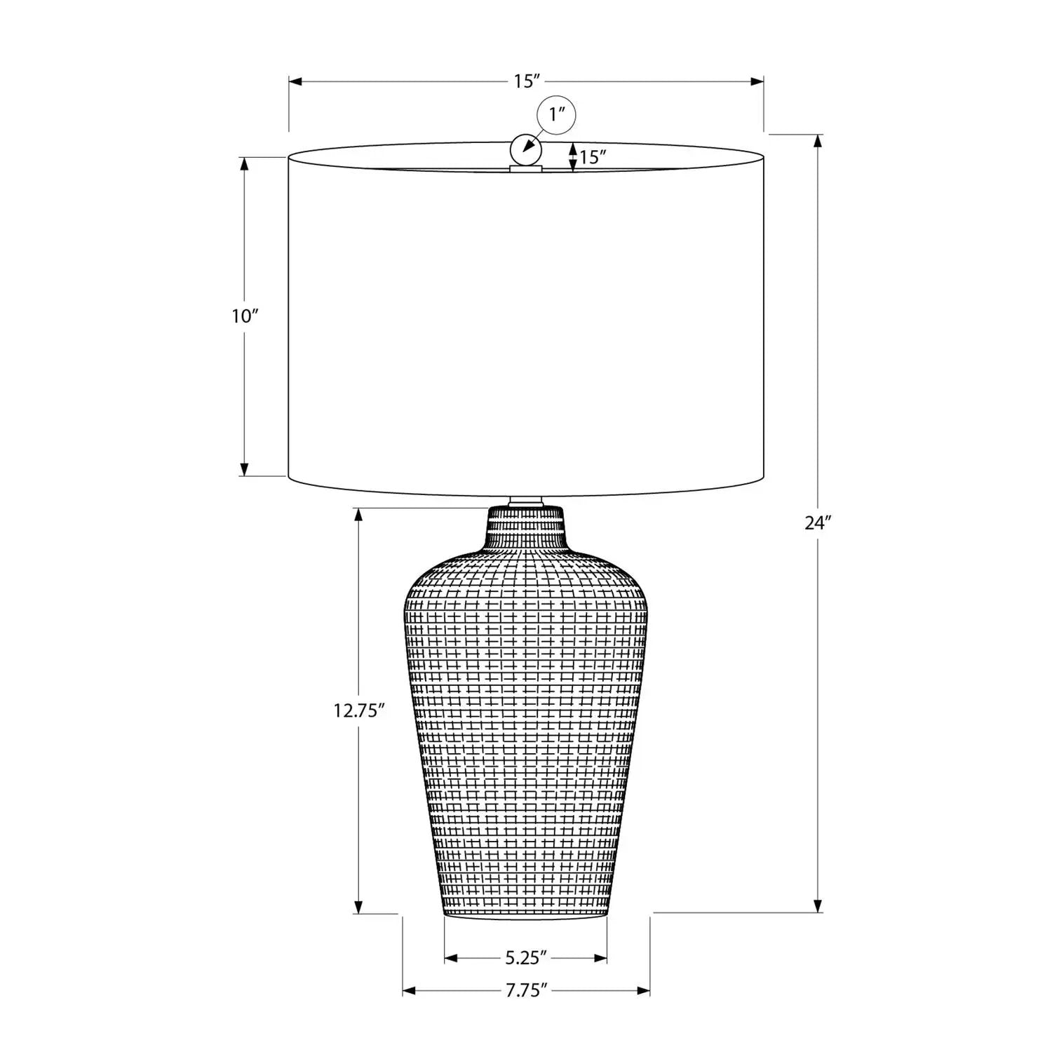 Table lamp with black drum shade atop a textured grid-pattern vase base by Unique Piece Furniture on Tampa Home & Garden Store