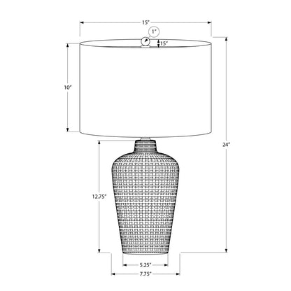 Table lamp with black drum shade atop a textured grid-pattern vase base by Unique Piece Furniture on Tampa Home & Garden Store