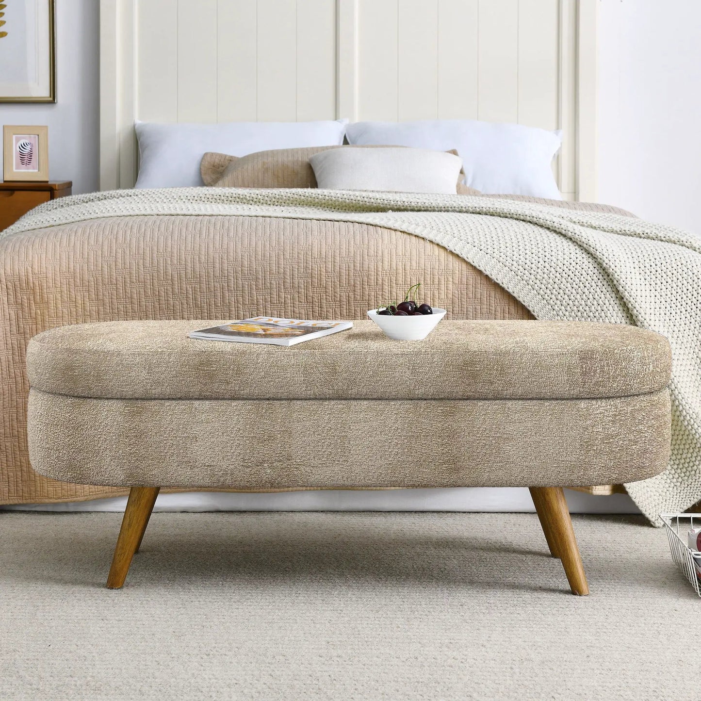Ottoman Oval Storage Bench With Rubber Wood Legs