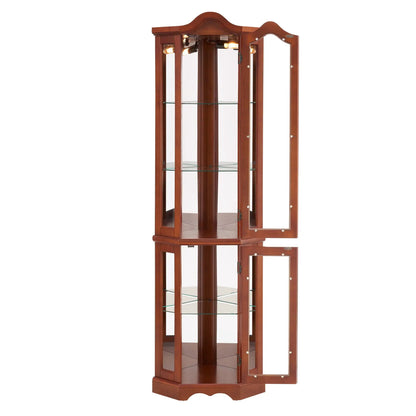 Corner curio cabinet walnut with lights, glass doors and adjustable tempered glass shelves on Tampa Home & Garden Store