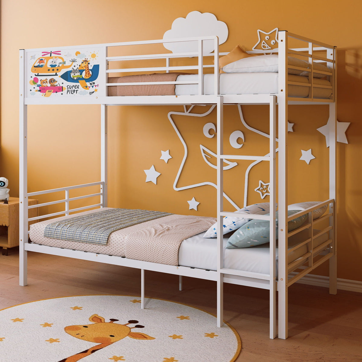 White bunk bed with ladder and full guardrails; converts to two twin beds; illustrated panel on Tampa Home & Garden Store