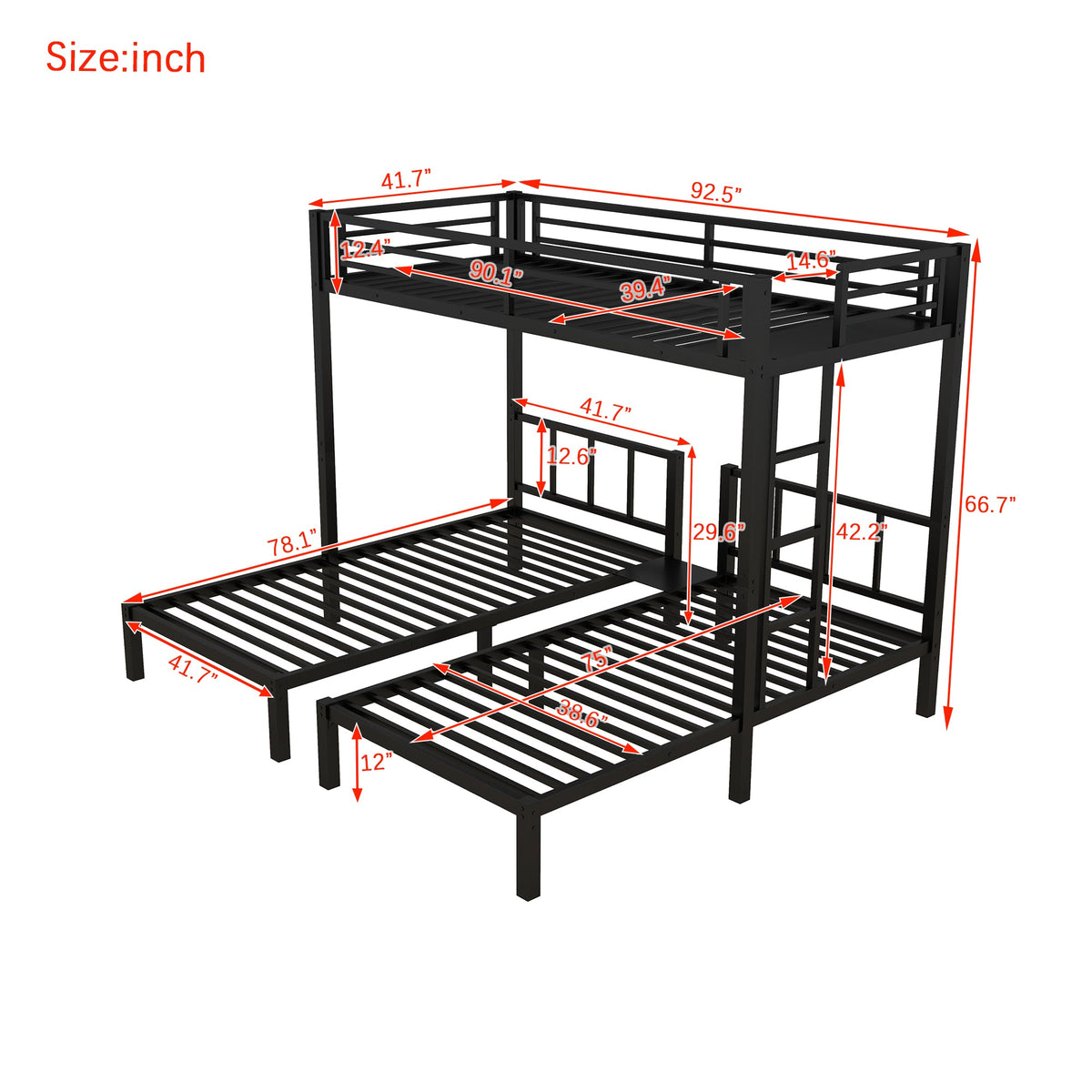 Metal triple bunk bed for kids by HouseOfZazla in black steel with three bunks and guard rails on Tampa Home & Garden Store