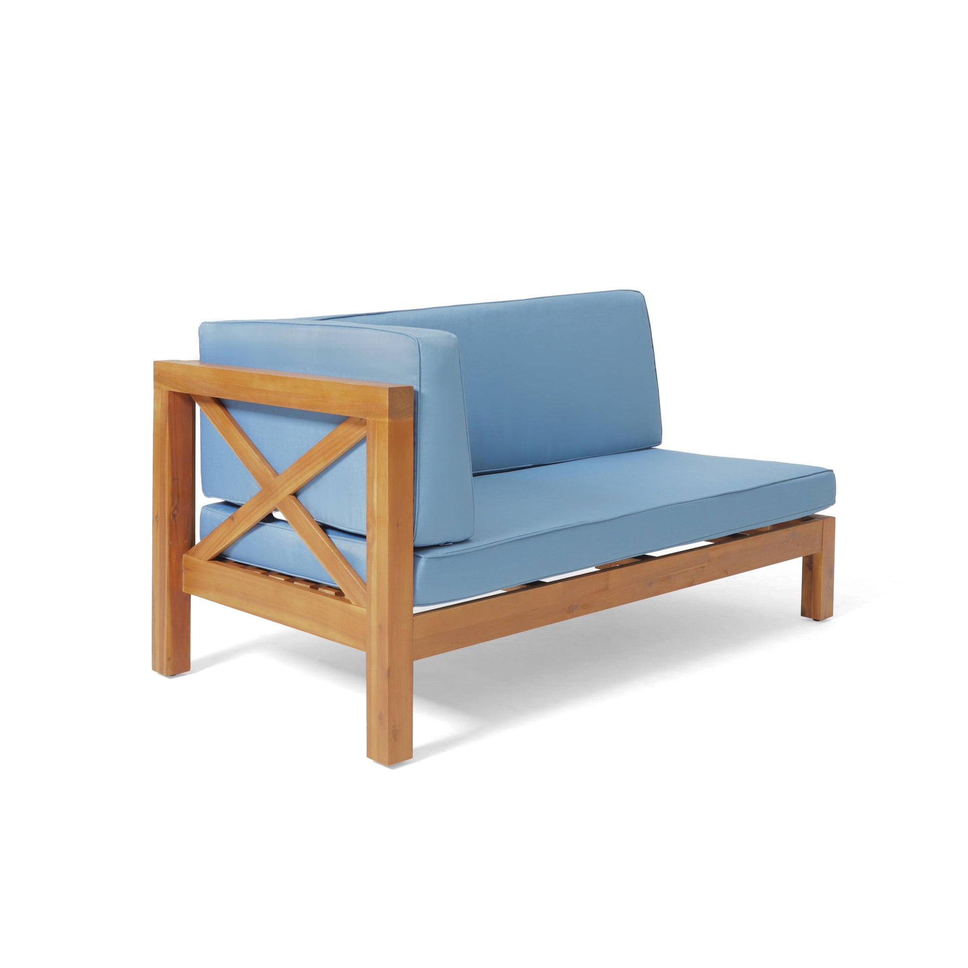 Brava X-Back 4-Piece Outdoor Sofa Set blue cushions with natural wood frame on Tampa Home & Garden Store