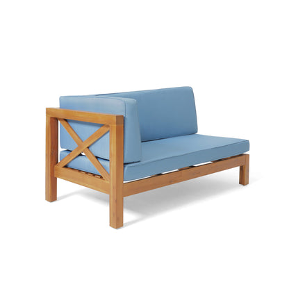 Brava X-Back 4-Piece Outdoor Sofa Set blue cushions with natural wood frame on Tampa Home & Garden Store