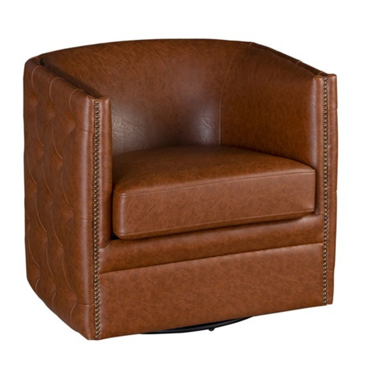 Swivel chair with tufted barrel back in light brown leather, nailhead trim HouseOfZazla on Tampa Home & Garden Store
