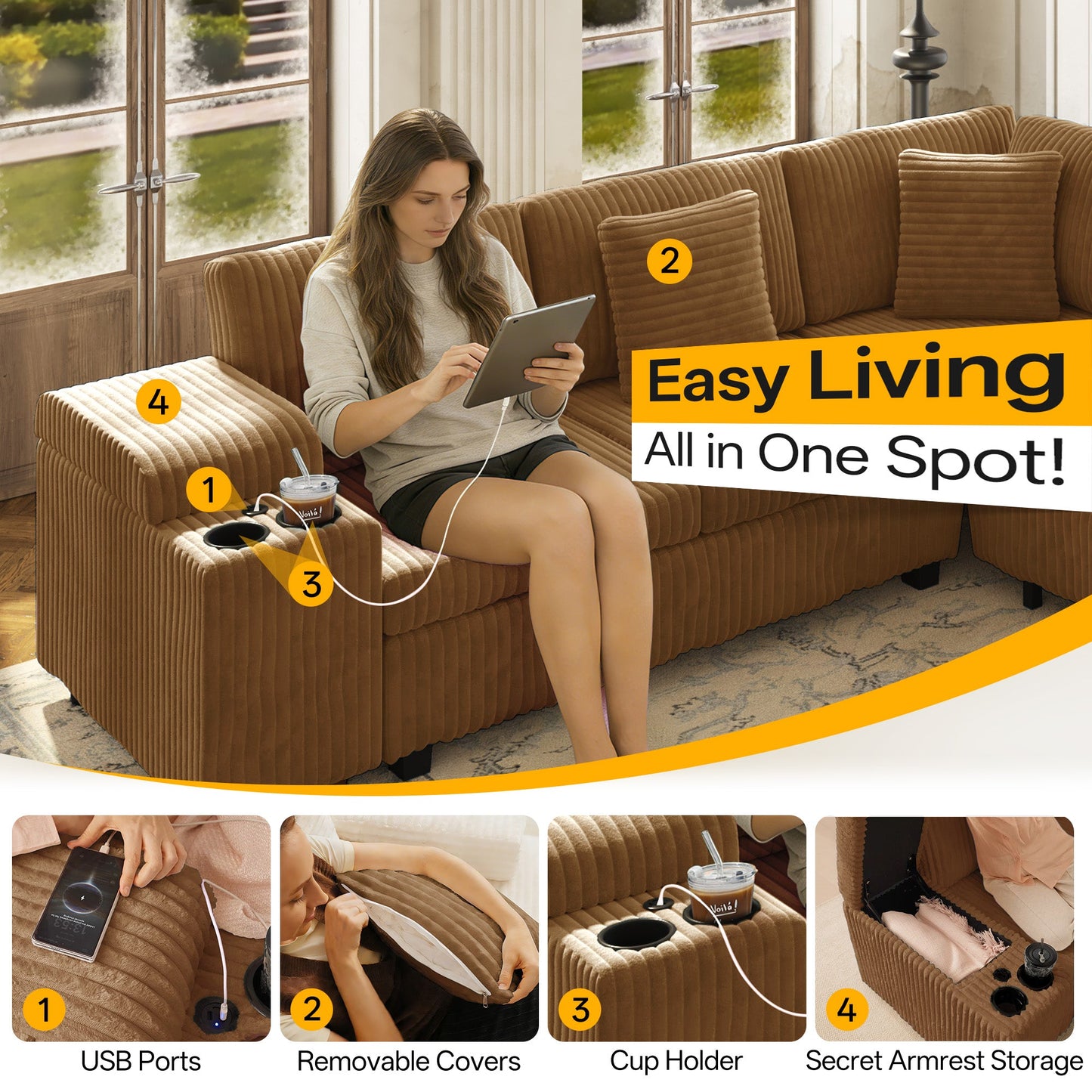 Luxury Camel L Shaped Sofa And Ottoman Set