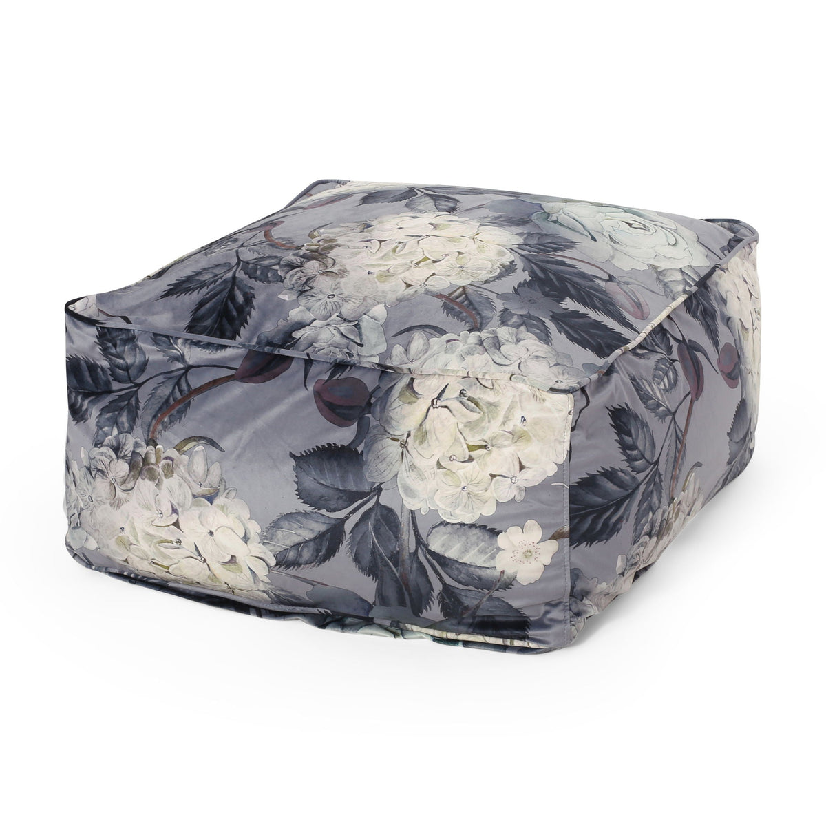 Large square accent pouf with dark gray floral print by HouseOfZazla on Tampa Home & Garden Store