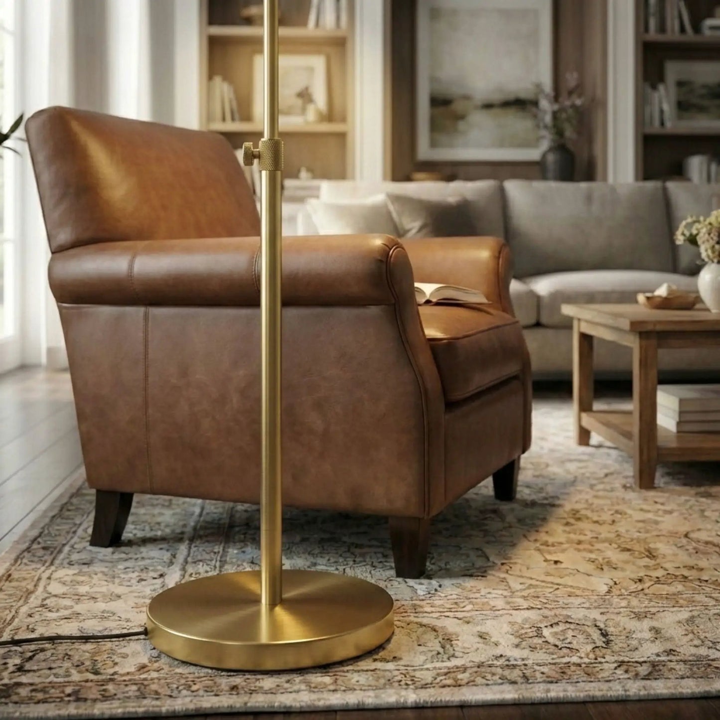Verve floor lamp with on/off switch, adjustable LED, gold round base by Unique Piece Furniture on Tampa Home & Garden Store