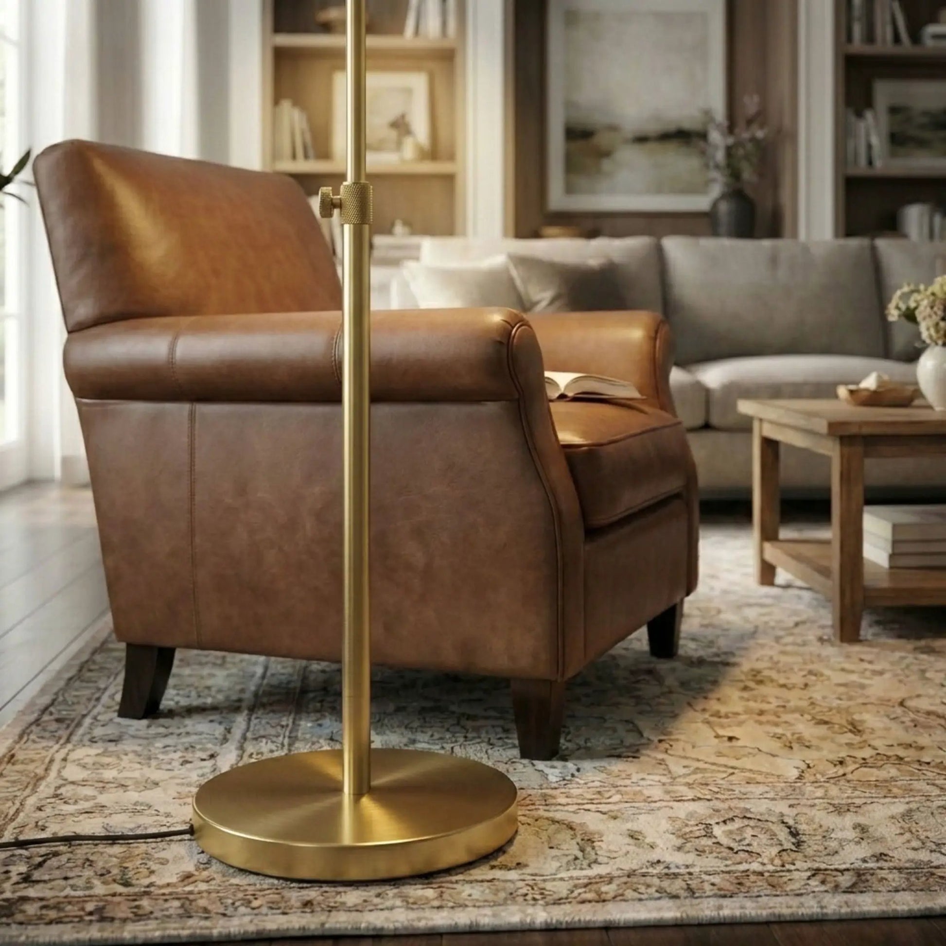 Verve floor lamp with on/off switch, adjustable LED, gold round base by Unique Piece Furniture on Tampa Home & Garden Store