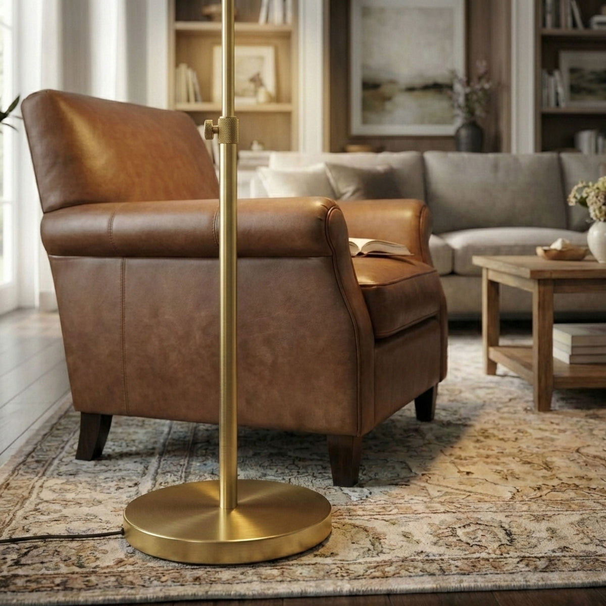 Verve floor lamp gold finish with round base and adjustable pole on Tampa Home & Garden Store