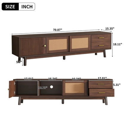 TV stand for 80-inch TVs in dark brown wood with sliding doors and two drawers, caned panels on Tampa Home & Garden Store