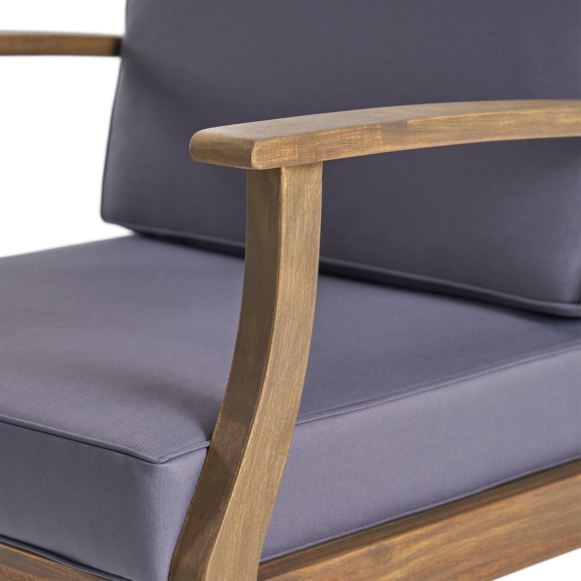 Perla Contemporary Club Chair outdoor, water resistant cushion, navy fabric with wood arms on Tampa Home & Garden Store