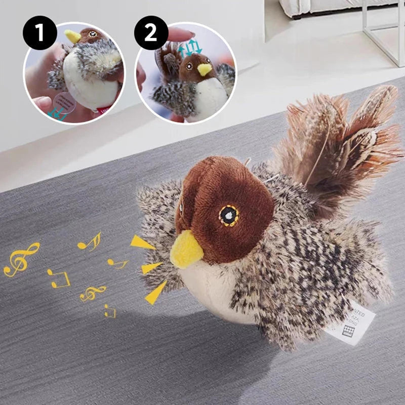 Interactive plush bird cat toy with squeak, brown head, speckled gray body, feather tail on Tampa Home & Garden Store