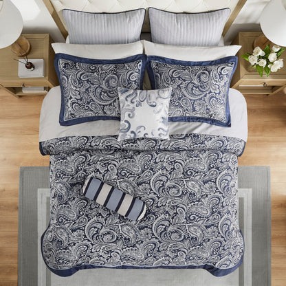 Navy 12 Piece Cotton Comforter Set and Queen Bed