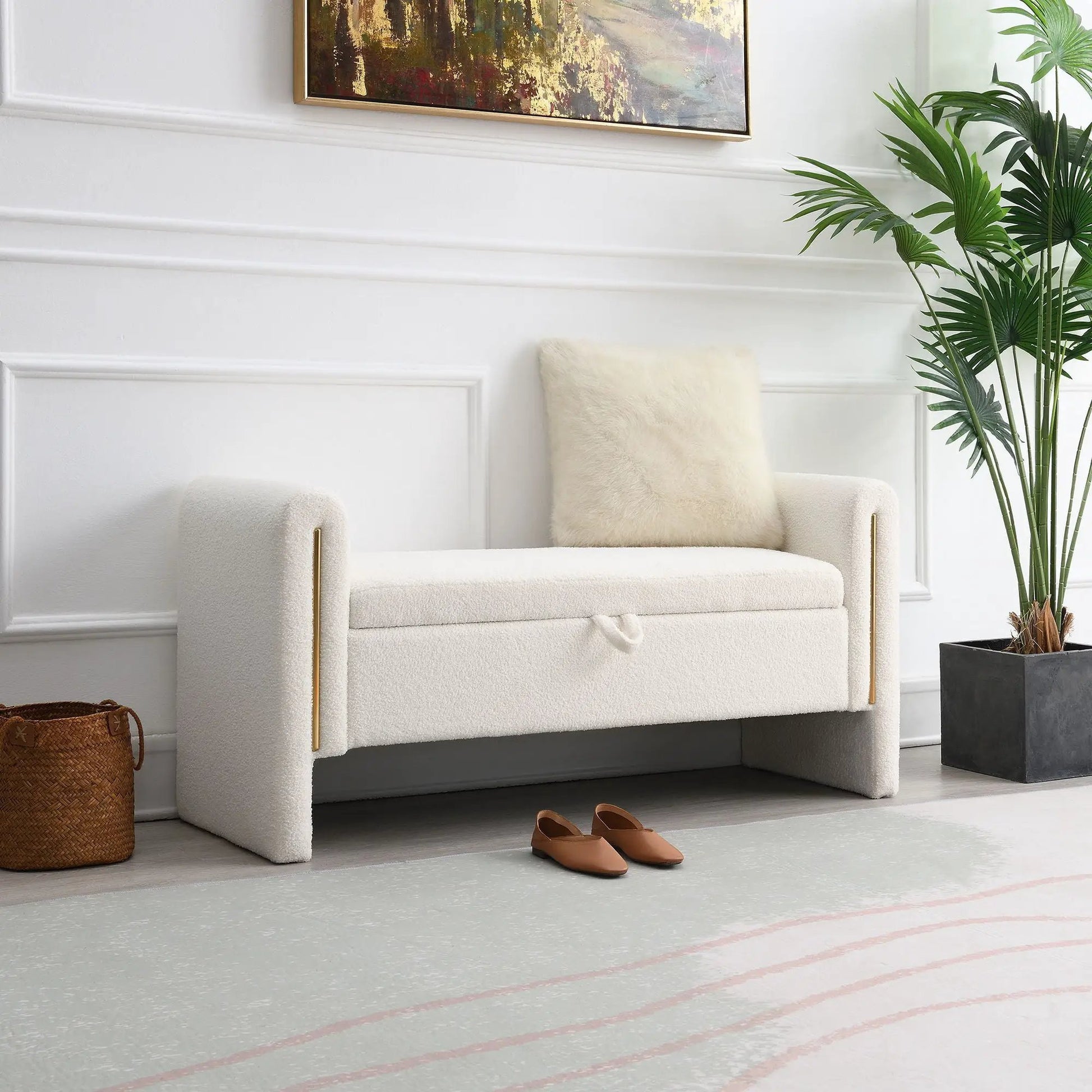 Modern Teddy Upholstered Large Bed End Bench With Arms And Storage in cream boucle fabric on Tampa Home & Garden Store