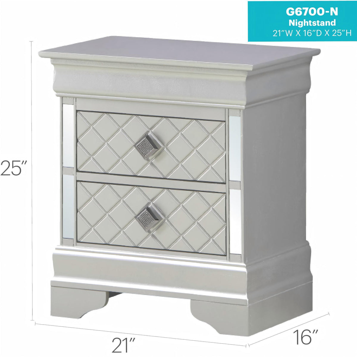 Verona Nightstand HouseOfZazla; mirrored accent cabinet with diamond front in silver on Tampa Home & Garden Store