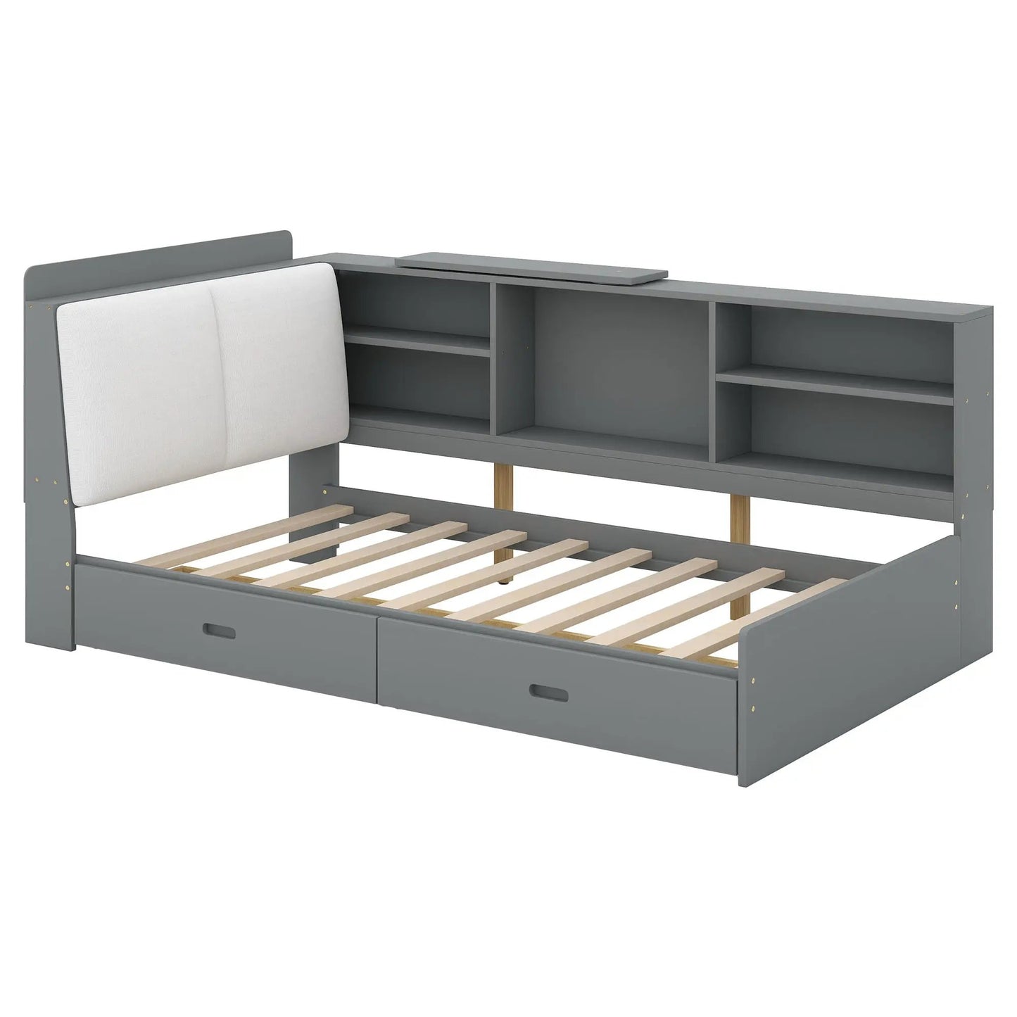 Platform bed with gray storage headboard, shelves and 2 drawers on Tampa Home & Garden Store