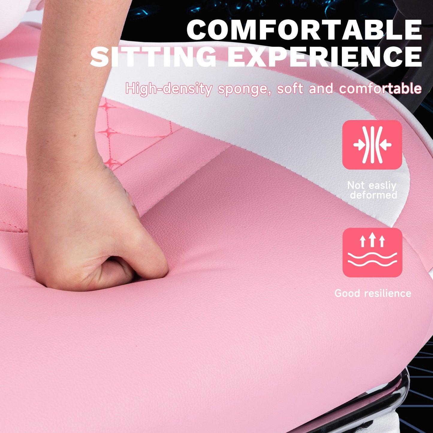 Ergonomic video gamer chair pink leather seat close-up with stitched panels on Tampa Home & Garden Store
