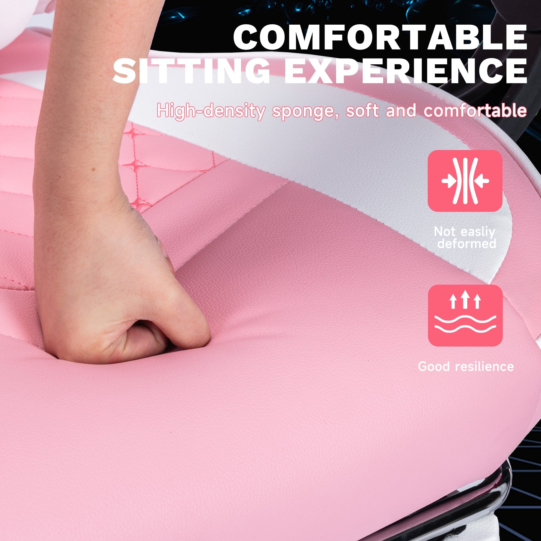 Ergonomic video gamer chair pink leather seat close-up with stitched panels on Tampa Home & Garden Store