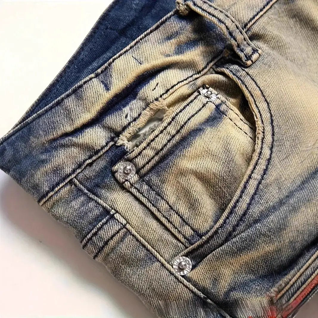 Slim-fit stretch ripped jeans with vintage patches, FLIPSTYLEZLLC, distressed blue denim pocket rivets on Tampa Home & Garden Store