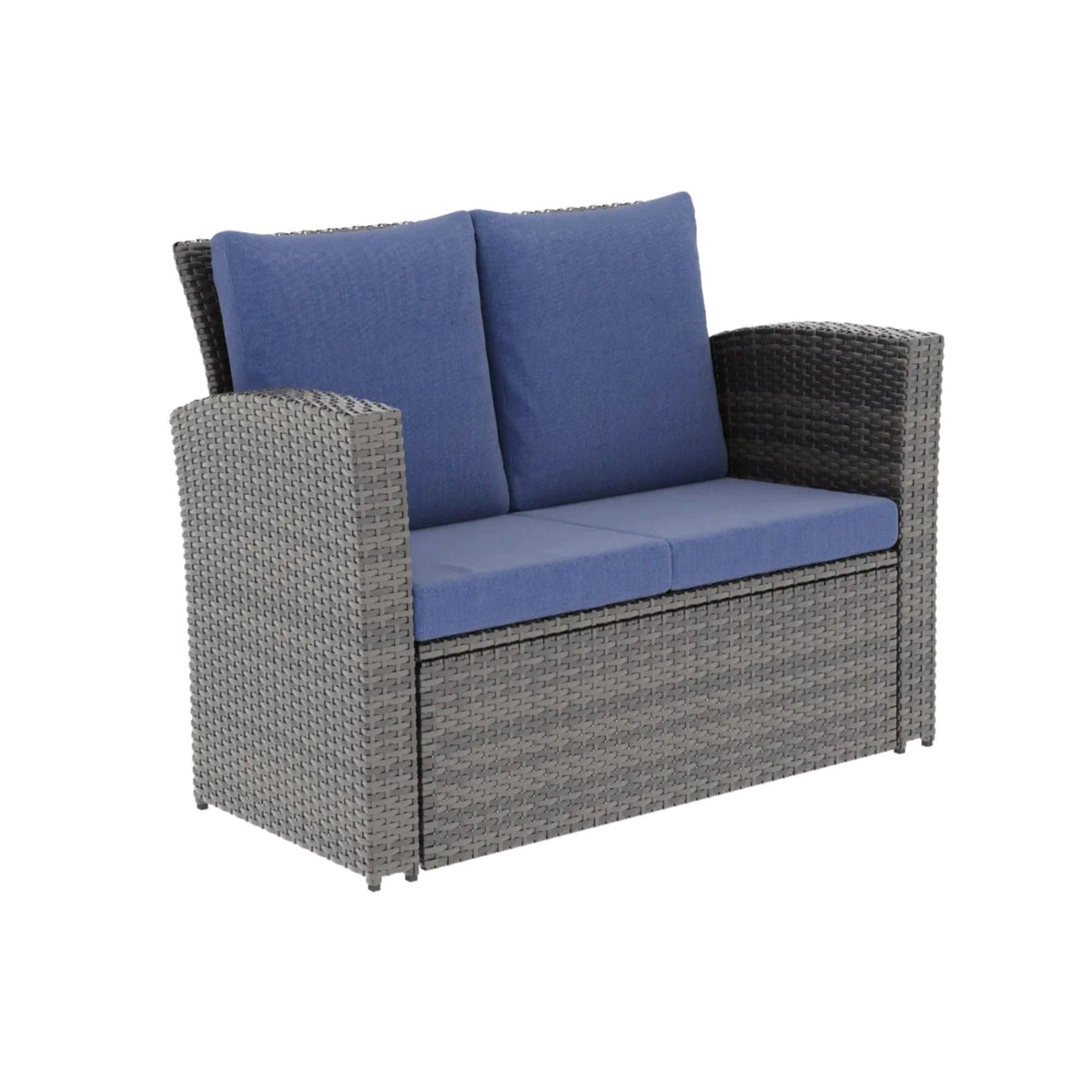 Outdoor chair with blue cushions in gray woven wicker on Tampa Home & Garden Store